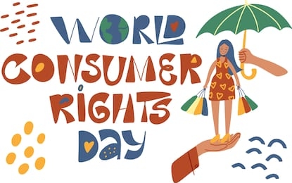 world consumer rights day hand lettering. cartoon woman smiling, a big hand holding an umbrella for her, another hand  holding her. consumer protection concept. vector illustration in doodle style