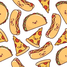 
vector image, seamless pattern. print tacos, hot dog, a slice of pizza. fast food, unhealthy, junk, greasy food. shameless image for fabric or textile, poster, banner, for snack bar. kawaii food.