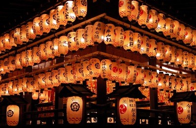 impressive aspect of night paper lanterns from yasaka shrine,kyoto,japan