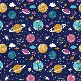 vector space seamless pattern with planets and stars. bright repeated texture with cosmic elements. cute childish design for kids fabric and wrapping paper.