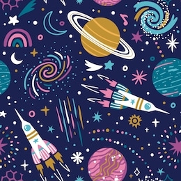 vector space seamless pattern with planets, spaceships, galaxy and stars. bright repeated texture with cosmic elements. cute childish design for kids fabric and wrapping paper.