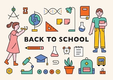 a set of student characters and school supplies. flat design style minimal vector illustration.