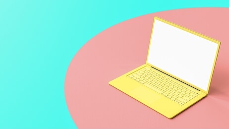 laptop blank screen yellow color on work dask table. pastel color and computer backgrund  idea concept. 3d render.