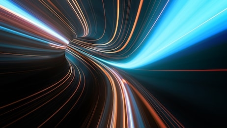 3d rendering of abstract fast moving stripe lines with glowing sun light flare. high speed motion blur. concept of leading in business, hi tech products, warp speed wormhole science.