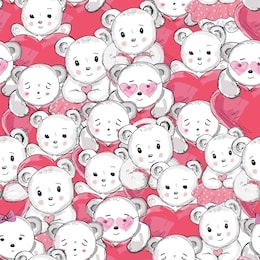 little white bears and hearts, cute valentine card wrappers, vector seamless pattern