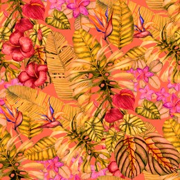 watercolor seamless pattern with tropical plants. tropical floral print. beautiful allover print with hand drawn leaves and flowers of exotic plants. swimwear botanical design. 