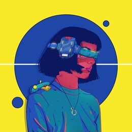 woman in virtual reality glasses. cyberpunk futuristic art illustration with red skin