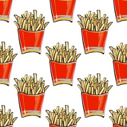 fashion fast food seamless with potato fries pack. stylish modern textile design. vector fashion sketch. white background. vintage fabric print. beautiful pattern.