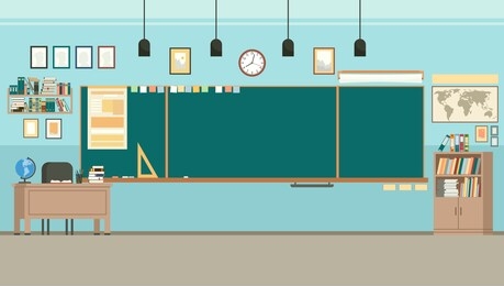 school classroom with chalkboard. study class with blackboard and teachers desk. vector