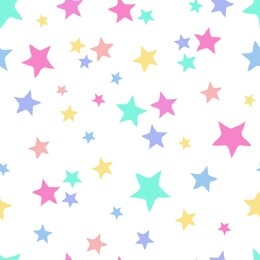 seamless repeat pattern with tossed colorful pastel stars on a white background