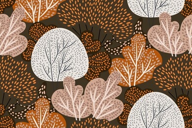 seamless vector pattern with different kinds of trees on a dark background. hand-drawn forest with imitation beading. floral print, botanical wallpaper, fashion template in orange, brown color. vector