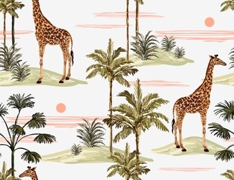 beautiful tropical vintage palm trees and cheetah floral seamless pattern white background. exotic jungle wallpaper with coconut palms, giraffe,  giraffe. isolated on white background