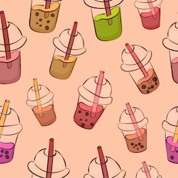 seamless pattern with cool drinks - plastic cups with juice straw with fresh, bubble tea, iced coffee, smoothie. nice colorful liquids on pink background.  pastel shades.