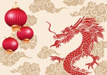 chinese dragon vector illustration. red serpent and hand drawn clouds with golden silhouette drawings. mythological creature sketch banner. chinese new year poster, horizontal postcard with lanterns
