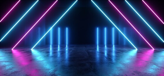 neon glowing lights retro cyber triangle blue purple luminous fluorescent lights abstract grunge concrete tunnel room sci fi futuristic stage empty night background 3d rendering illustration