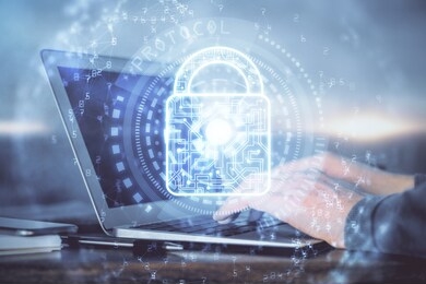 double exposure of lock icon with man working on computer on background. concept of network security.