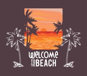 welcome to the beach card with summer and travel cartoons, vacations in island. vector illustration graphic design.