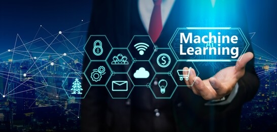 ai(artificial intelligence) and machine learning concept. business person hold machine learning illustration and icon technology.5g network wireless systems.iot(internet of things), ict concept.