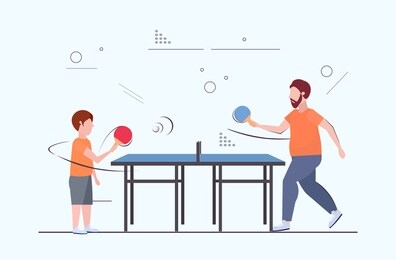 fat obese man and boy holding rackets overweight father and son playing ping pong table tennis weight loss obesity concept flat full length horizontal copy space