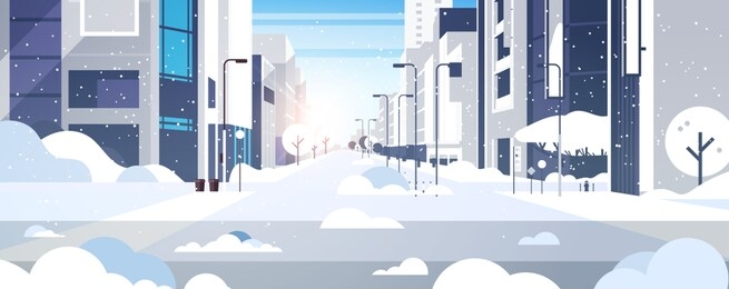 winter city snowy downtown street with skyscrapers business buildings sunshine cityscape background flat horizontal