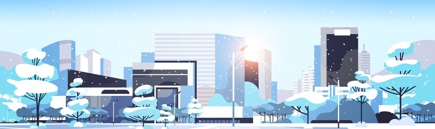 winter city snowy downtown with skyscrapers business buildings sunshine cityscape background flat horizontal