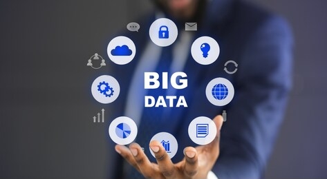 big data network with all content in businessman hand, panorama