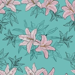 vintage style lily bouquet seamless pattern with lily line art on a white background
