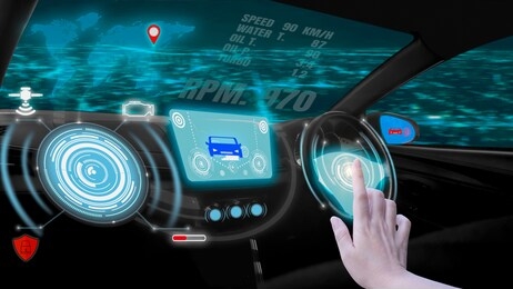 hand touch screen dashboard graphic user interface(gui)digital hologram,virtual screen system hud(head up display)of futuristic vehicle smart car cockpit,with self driving mode autonomous control