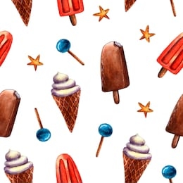 watercolor hand drawn summer pattern. cute colorful seamless texture. ice creams and candies pattern. cold chocolate dessert. cute cartoon background. tasty cold snack. waffle frozen collection.