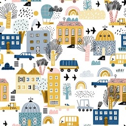 winter city cartoon vector seamless pattern. kids textile, wrapping paper, wallpaper design. background with houses, trees and cars. winter landscape