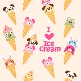 cute ice cream cone with kawai animal faces. seamless pattern with i love ice cream lettering