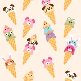 cute kawaii ice cream cone set with animal faces. seamless pattern.