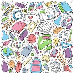 back to school color set. school supplies and tools. first day of school. education collection icons in line. pen, pencil, book, ball, globe, ball, backpack, chemistry flasks, brush, ruler - vector