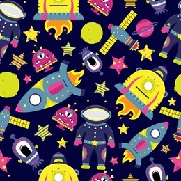 the cartoon seamless pattern with flat aliens, spaceships, planets, satellites and cosmonaut. funny characters.