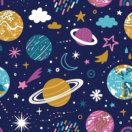 vector space seamless pattern with planets and stars. bright repeated texture with cosmic elements. cute childish design for kids fabric and wrapping paper.