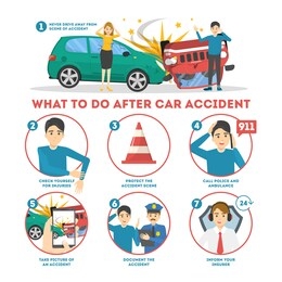 what to do after a car accident infographic banner. auto damage scene on the road. inform insurance and call police, check for injury. isolated vector illustration in cartoon style