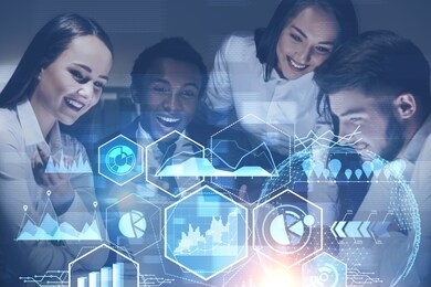 happy diverse business people looking at business infographics interface in modern office. concept of big data and stock market. toned image double exposure