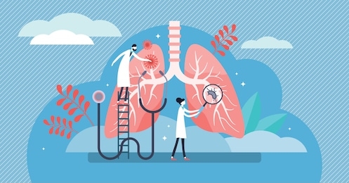 pulmonology vector illustration. flat tiny lungs healthcare persons concept. abstract respiratory system examination and treatment. internal organ inspection check for illness, disease or problems.