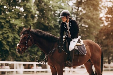 caring equestrian. caring professional equestrian calming his favorite horse before important horserace