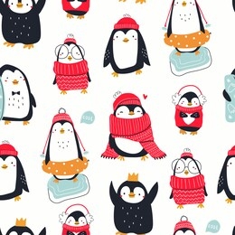 hand drawn vector set of cute funny various penguins. different clothing, various poses. colored trendy illustration. flat design. seamless pattern