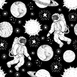 astronaut in space pattern hand drawn. vector illustration. hand drawn space seamless pattern. space background.