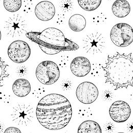 planets pattern hand drawn. hand drawn space seamless pattern. vector illustration. hand drawn space seamless pattern. space background. 