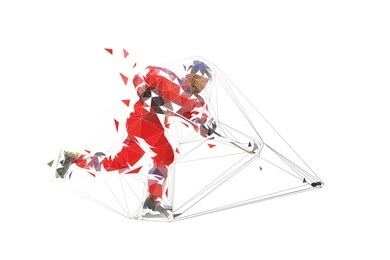 ice hockey player in red jersey shooting puck, geometric polygonal drawing. isolated vector illustration. ice hockey athlete