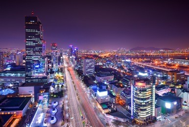 gangnam district, seoul, south korea skyline at night.