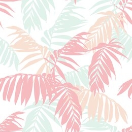 nature seamless pattern. hand drawn tropical summer background: mint, pink and peach palm tree leaves silhouette, line art. white background.	
