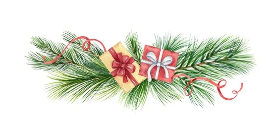 watercolor christmas wreath with green fir branches and gift. illustration for greeting cards and invitations isolated on white background.