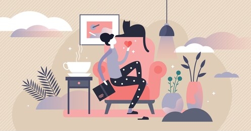 woman with cat vector illustration. flat tiny cosy room pet person concept. comfortable evening routine with book reading and kitty. warm domestic feeling and calm lifestyle. symbolic friend companion