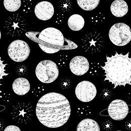 planets pattern hand drawn. hand drawn space seamless pattern. vector illustration. hand drawn space seamless pattern. space background. 