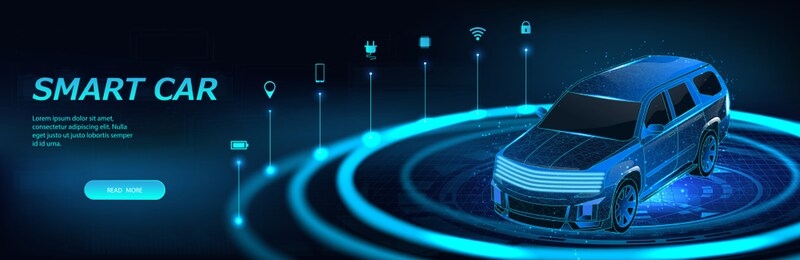 isometric smart 3d crossover. car banner, electric machine, vehicle. smart auto banner with icons and machine benefits. isometric autonomous car vehicle with infographic. intelligent car banner.