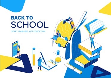 back to school isometric landing page, learning people set, 3d students read book, library, learn lesson, class concept, backpack, college pupil, blue, yellow, stationery, modern creative characters